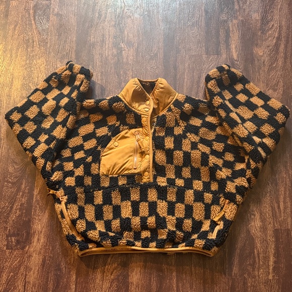 Free People Jackets & Blazers - Free People Black and Tan Checkered Teddy Jacket